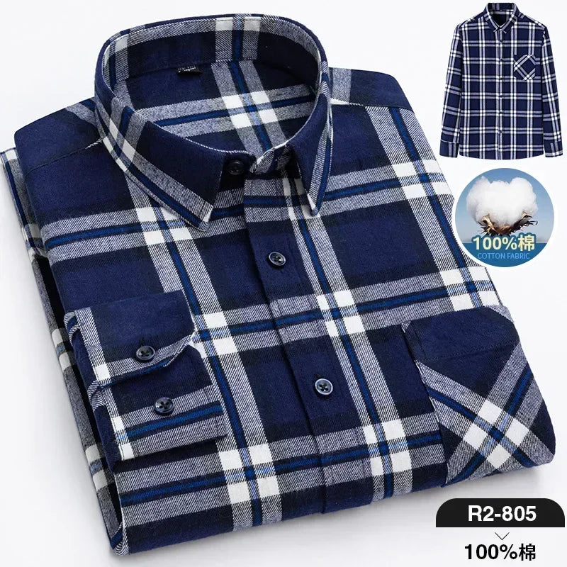 Pure Cotton Men's Plaid Shirt - Oversized Long Sleeve Casual Shirt for Plus Size