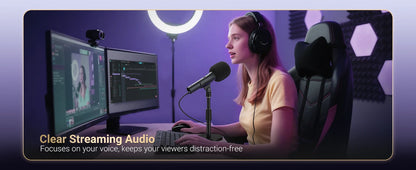 A woman wearing over-ear headphones sits at a desk with two computer monitors, a microphone, and a ring light in a purple-lit streaming setup. Text at the bottom reads 'Clear Streaming Audio' and 'Focuses on your voice, keeps your viewers distraction-free.