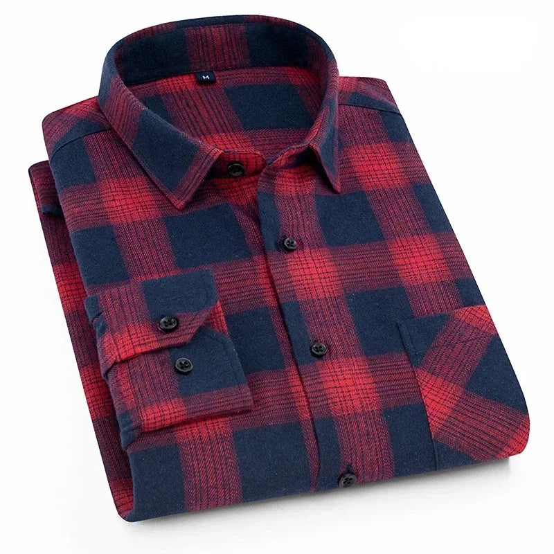 Pure Cotton Men's Plaid Shirt - Oversized Long Sleeve Casual Shirt for Plus Size