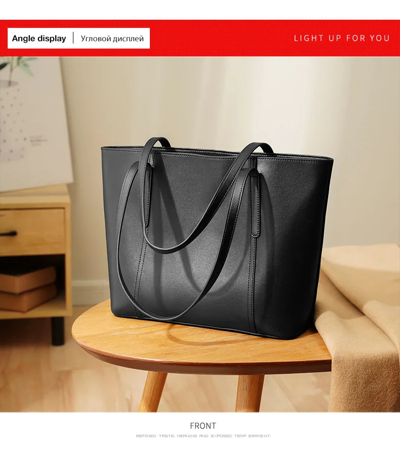 FOXER Split Leather Shoulder Bag for Women Simple Large Capacity Tote Lady Classic Black Handbag Gift for Wife, Lover