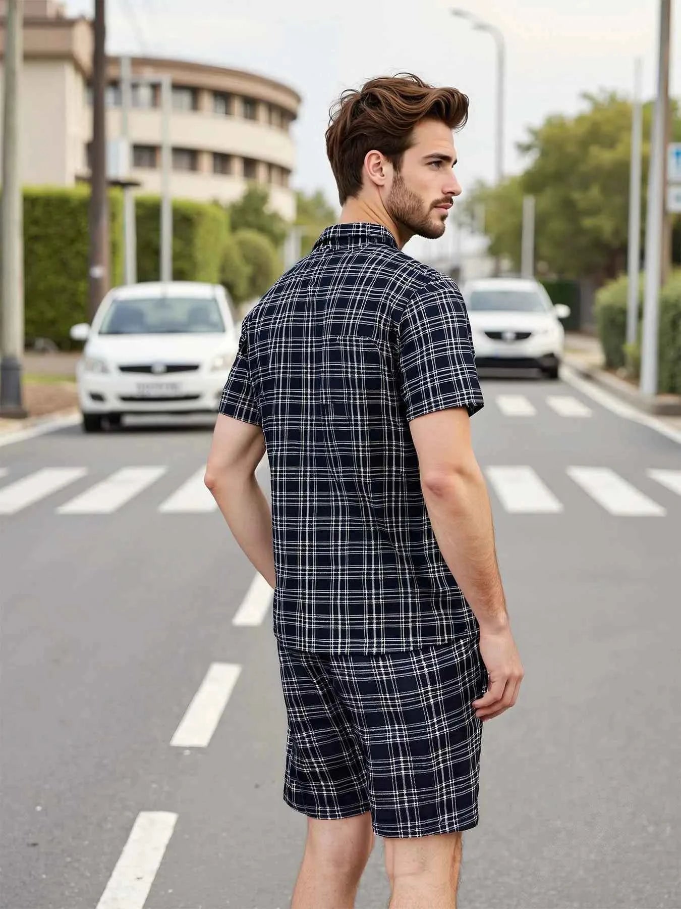Mens Pajama Sets Short Sleeve Plaid Pajamas for Men Pjs Set Lounge Sleepwear Pj Pants with Pockets Drawstring Summer Pajama