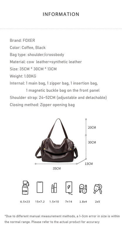FOXER Genuine Leather Shoulder Bag for Women Large Capacity Handbag Female Casual Tote Bag Computer Bag Crossbody Purse as Gift