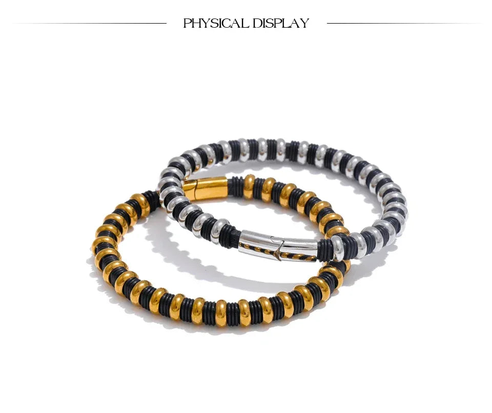 65mm Distinctive Stainless Steel Leather Metal Beads Bracelet Bangle - ShopHub