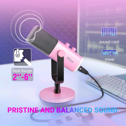 FIFINE USB/XLR gaming microphone on a stand, ideal for streaming and recording, with a sleek black design.