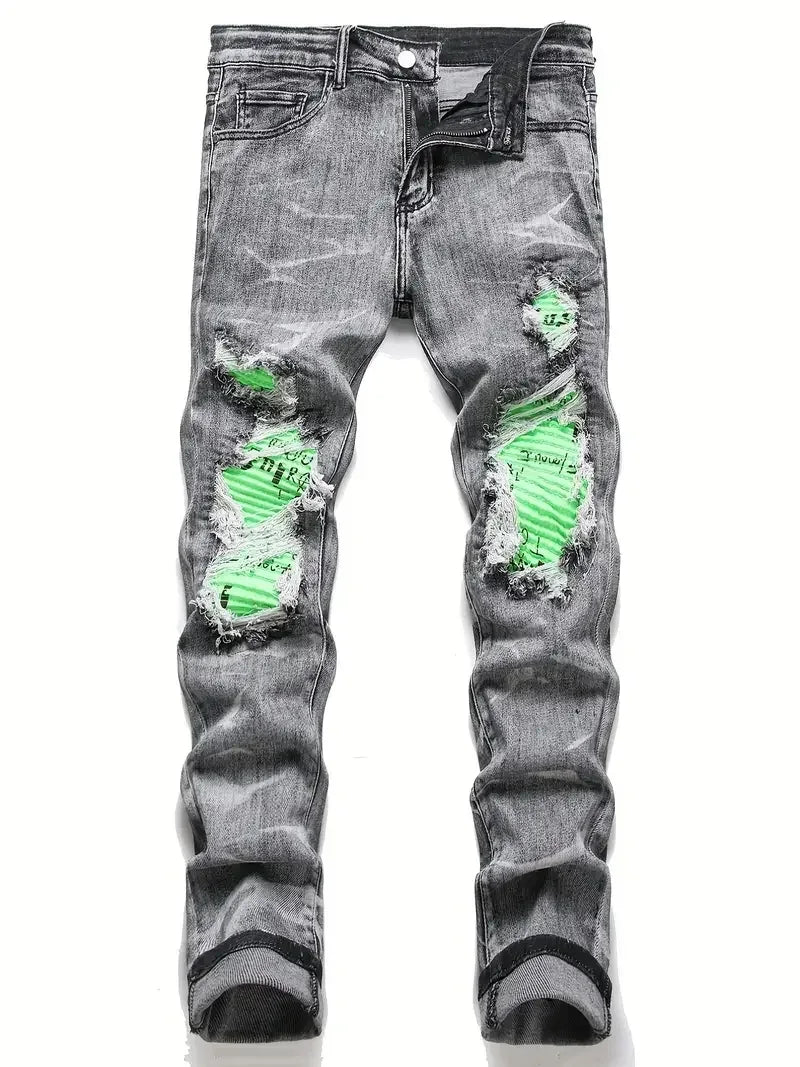Men's Skinny Jeans With Patchwork Holes - ShopHub