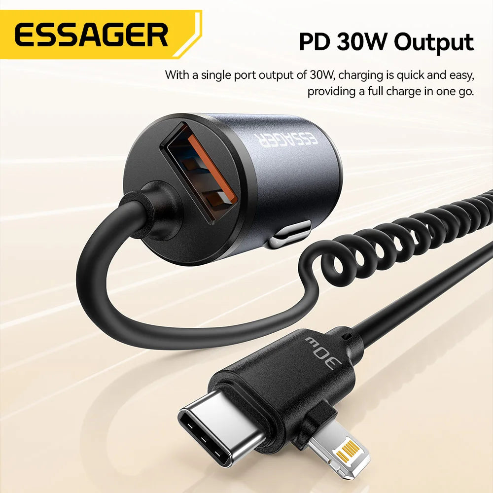 Essager 30W 2 In 1 Spring Cable Car Charger