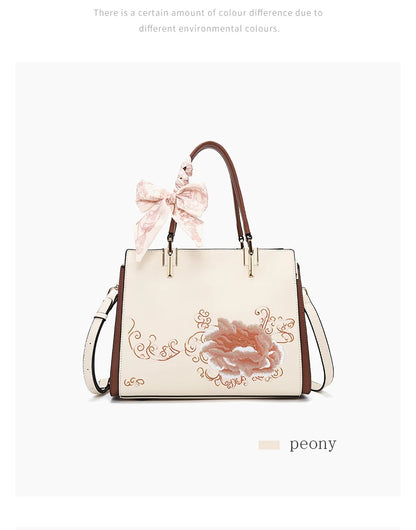 FOXER Luxury Embroidery Women's Handbag Split Leather Elegant Lady Tote Bag Chinese Style Shoulder Bag Best Mother's Day Gift