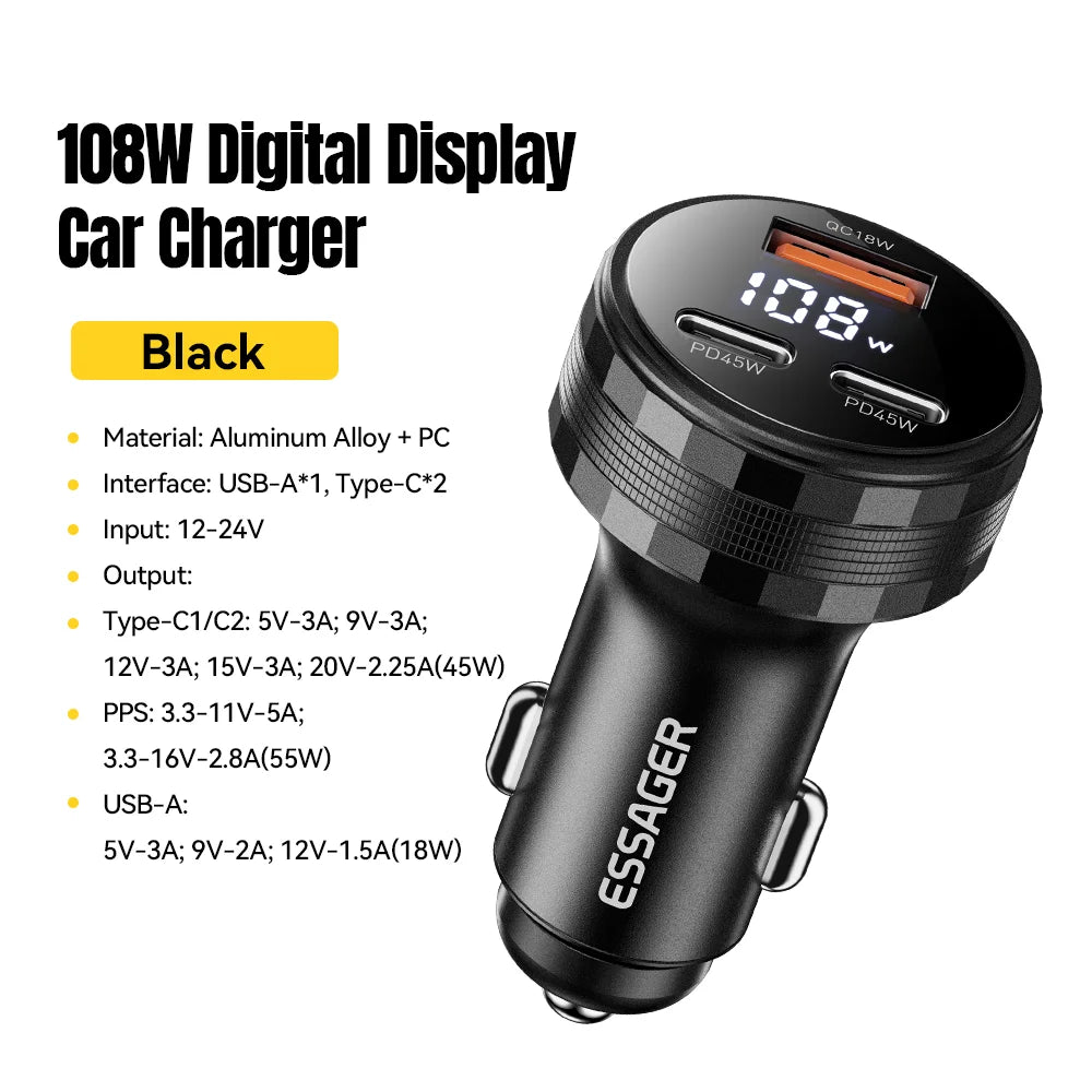 Essager 108W 3-Port USB Car Charger with Digital Display