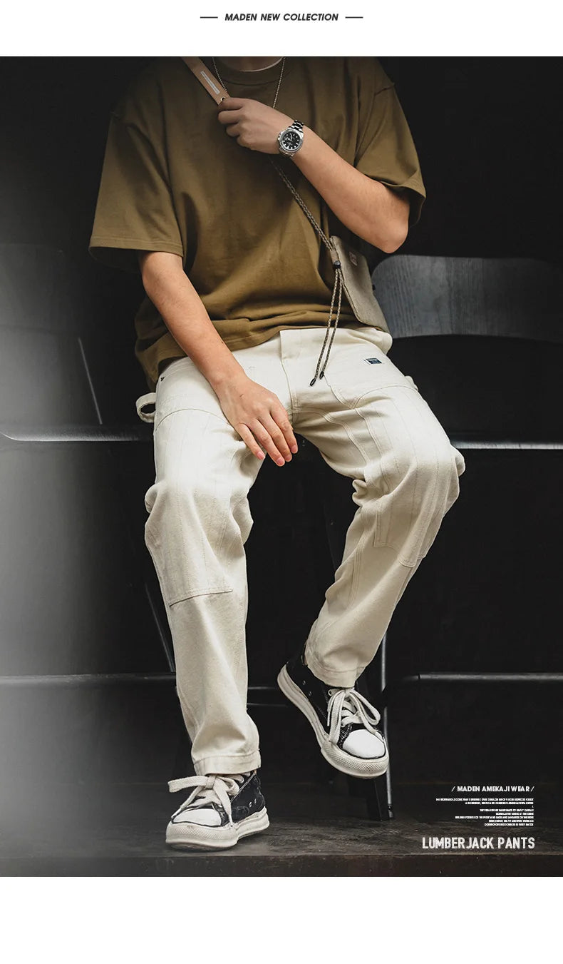 Maden Multi Pockets White Jeans Vintage Baggy Workwear Old Fashion Functional Design Chino Pants Mens Modified Lumberjack Pants