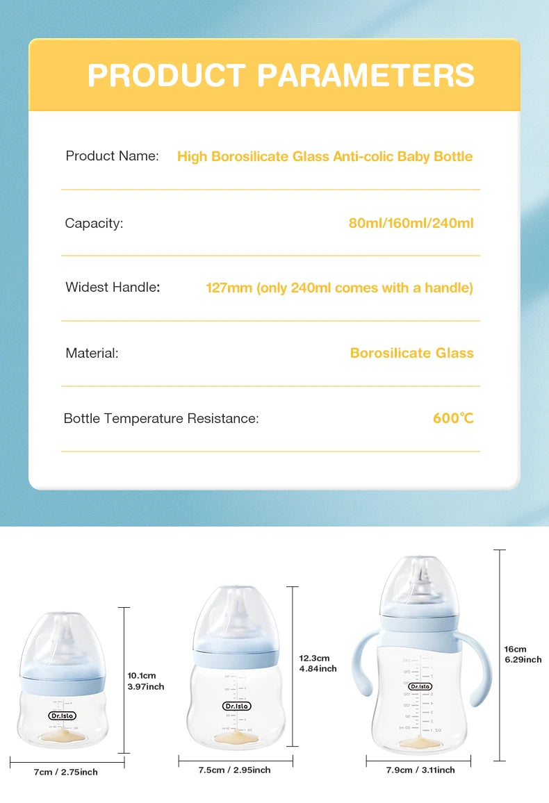 MAMIJOY Baby Glass Bottle High 80/160/240ml Borosilicate Wide-mouthed Anti-bloating Clear Scale Feeding Bottle BPA＆BPS-FREE GB61