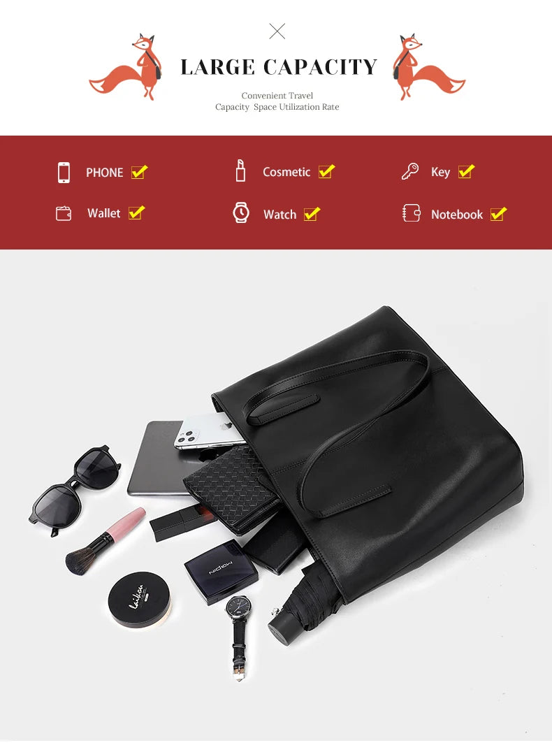 FOXER Split Leather Shoulder Bag for Women Simple Large Capacity Tote Lady Classic Black Handbag Gift for Wife, Lover