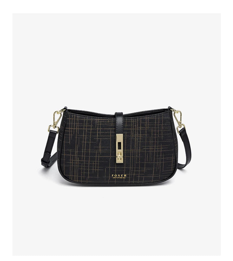 FOXER Cowhide Leather Women Baguette Shoulder Bag Light Luxury Ladies Crossbody Bag Fashion Sling Purse for Daily Dating Use