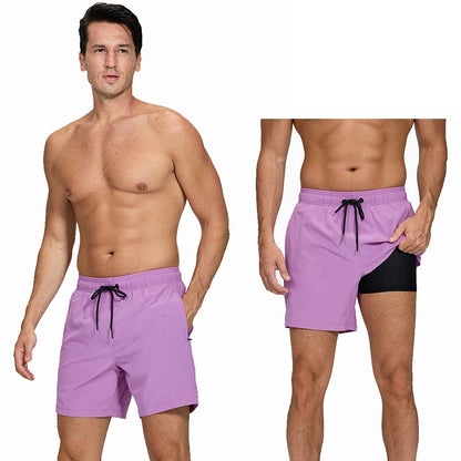 Men's summer boardshorts by ShopHub NZ featuring polyester-spandex blend, elastic waist, side zipper pockets, ideal for gym, beach, swim.
