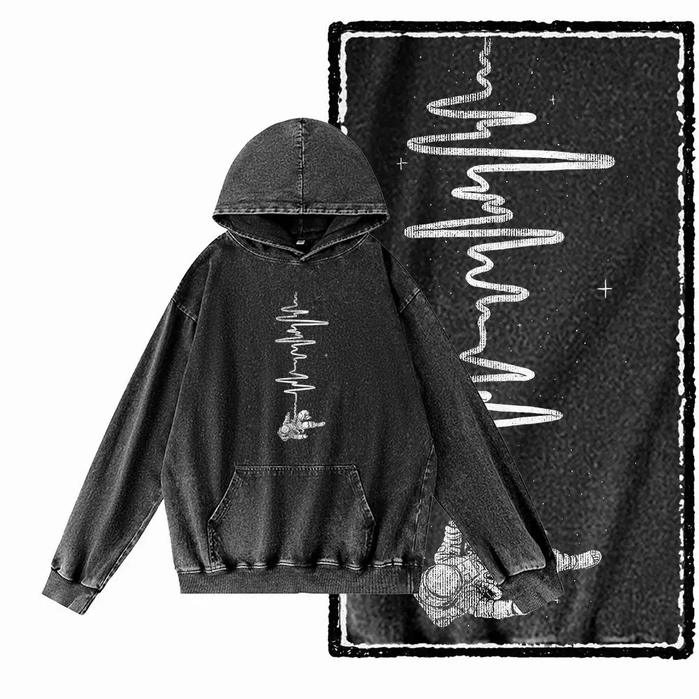 Cosmic Drift Space Graphic Acid-Washed Black Hoodie