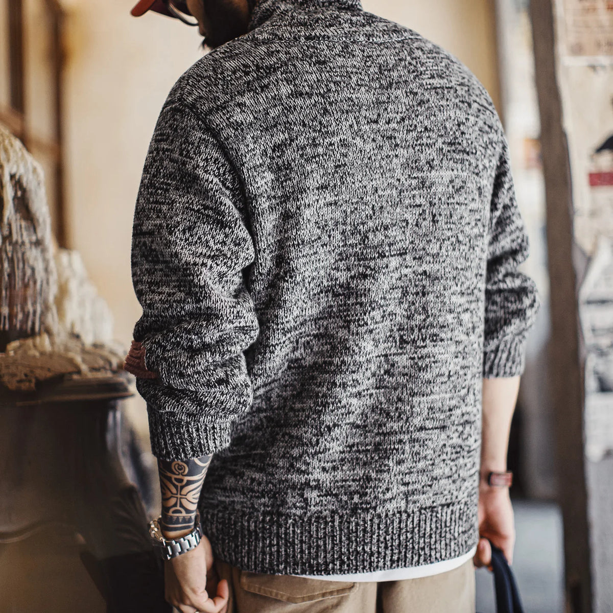 MADEN Grey Cotton Shawl-Collar Sweater