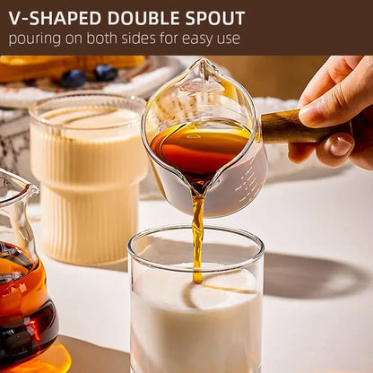 Glass Measuring Cup with Wood Handle - Double Spout Espresso Milk Coffee Mug for Baking and Kitchen Use