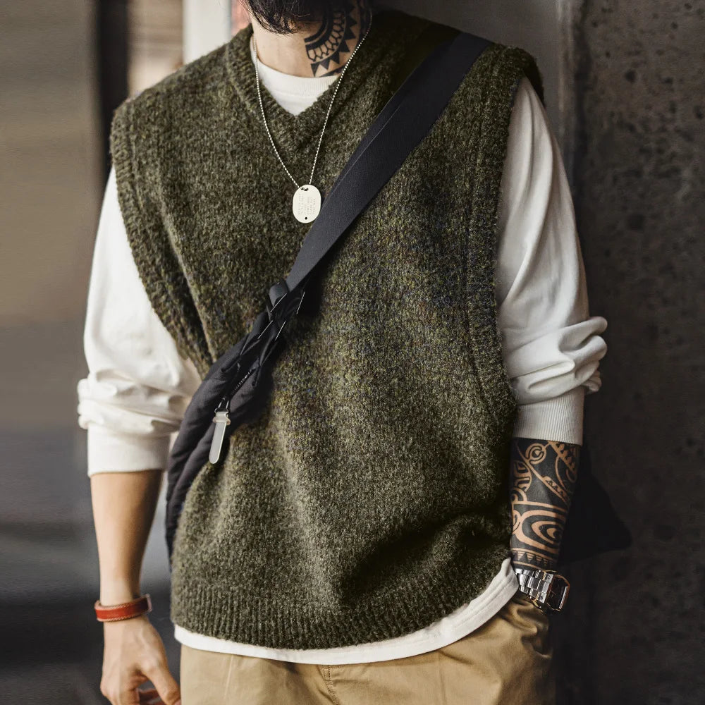 MADEN Moss-Green V-Neck Knit Vest