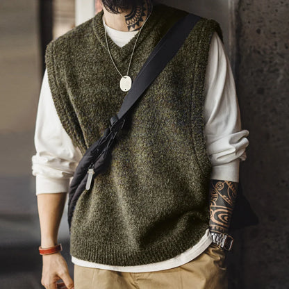 MADEN Moss-Green V-Neck Knit Vest