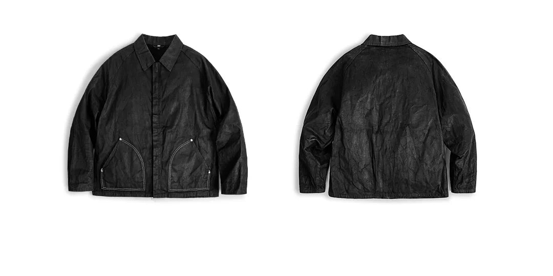 Maden Black Oil Waxed Canvas Hunting Jacket Contrast Topstitching Rugged Cropped Outerwear Casual Short Length for Men Autumn
