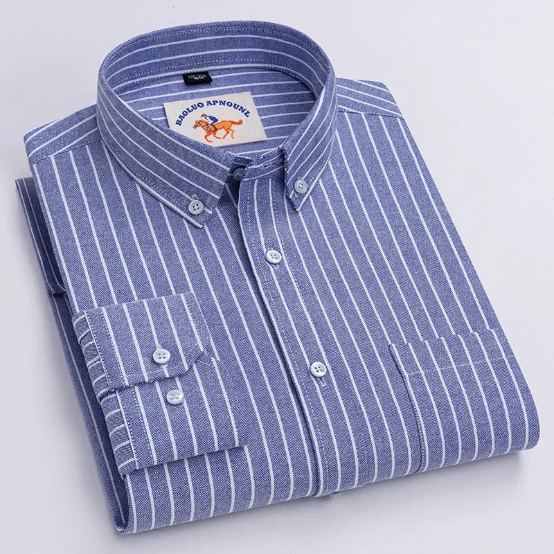 Casual Cotton Oxford Shirts for Men - Long Sleeve Regular Fit White Dress Shirt