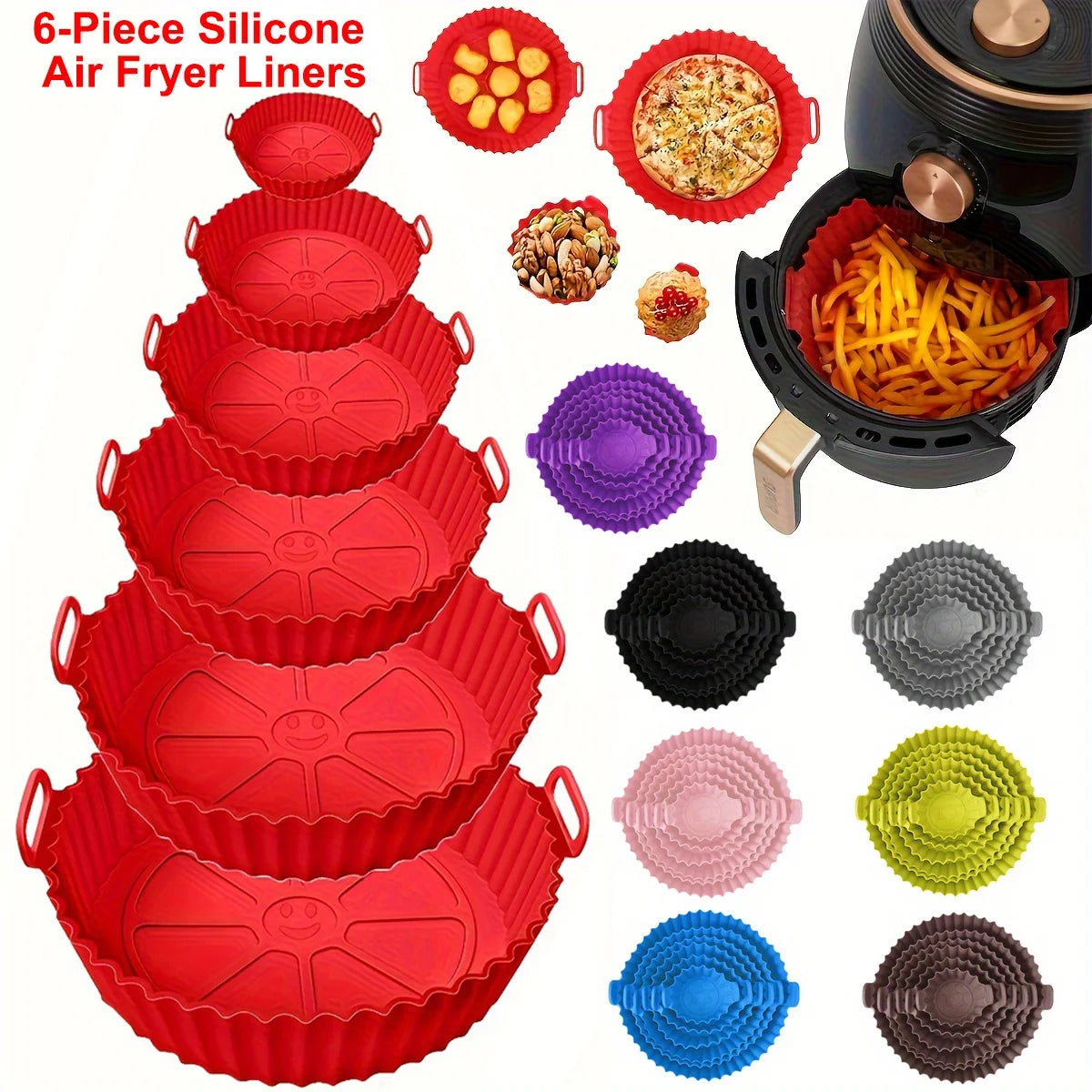 6PC Air Fryer Mats - 450°F Silicone Non-Stick Dual Texture