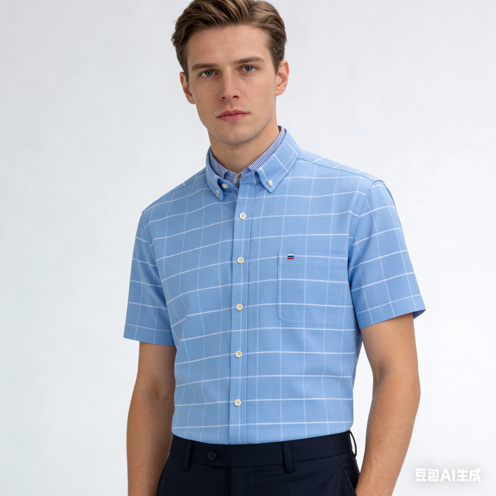 100% Cotton Men's Breathable Cotton Plaid Shirt - Short Sleeve Oxford Summer Striped Regular Fit Oversized Clothing