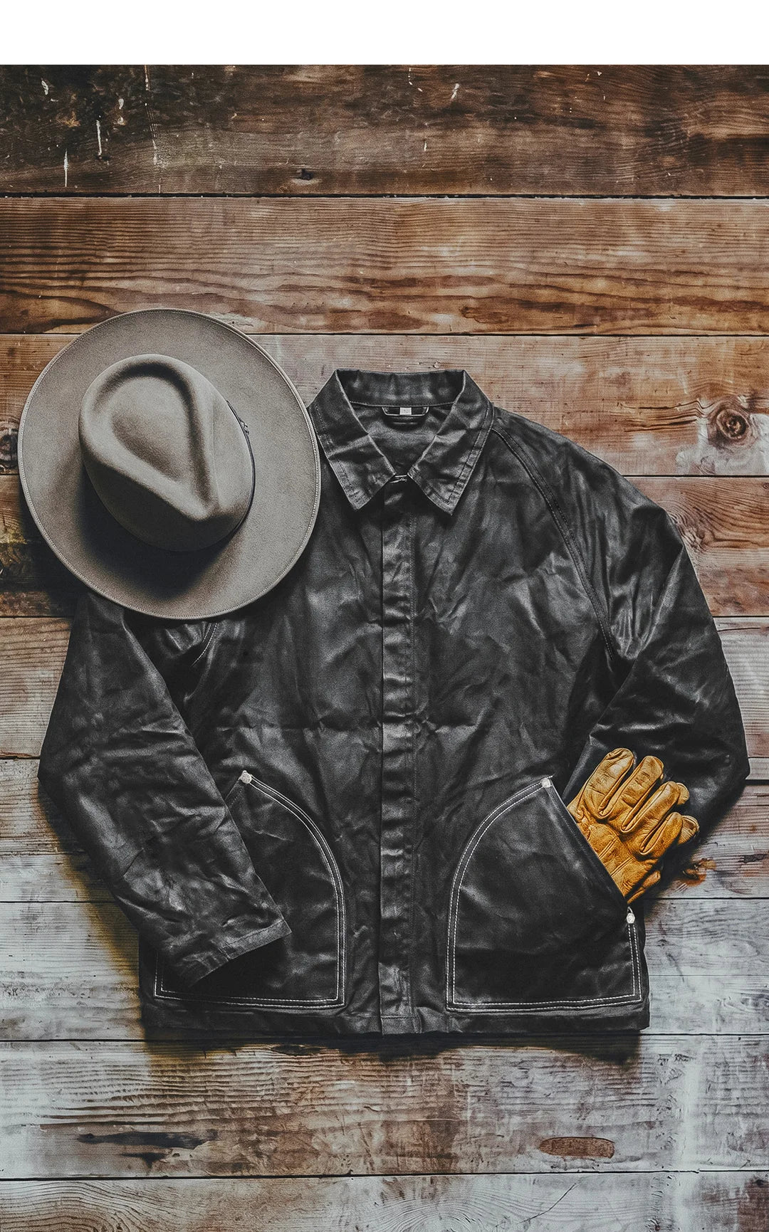 Maden Black Oil Waxed Canvas Hunting Jacket Contrast Topstitching Rugged Cropped Outerwear Casual Short Length for Men Autumn