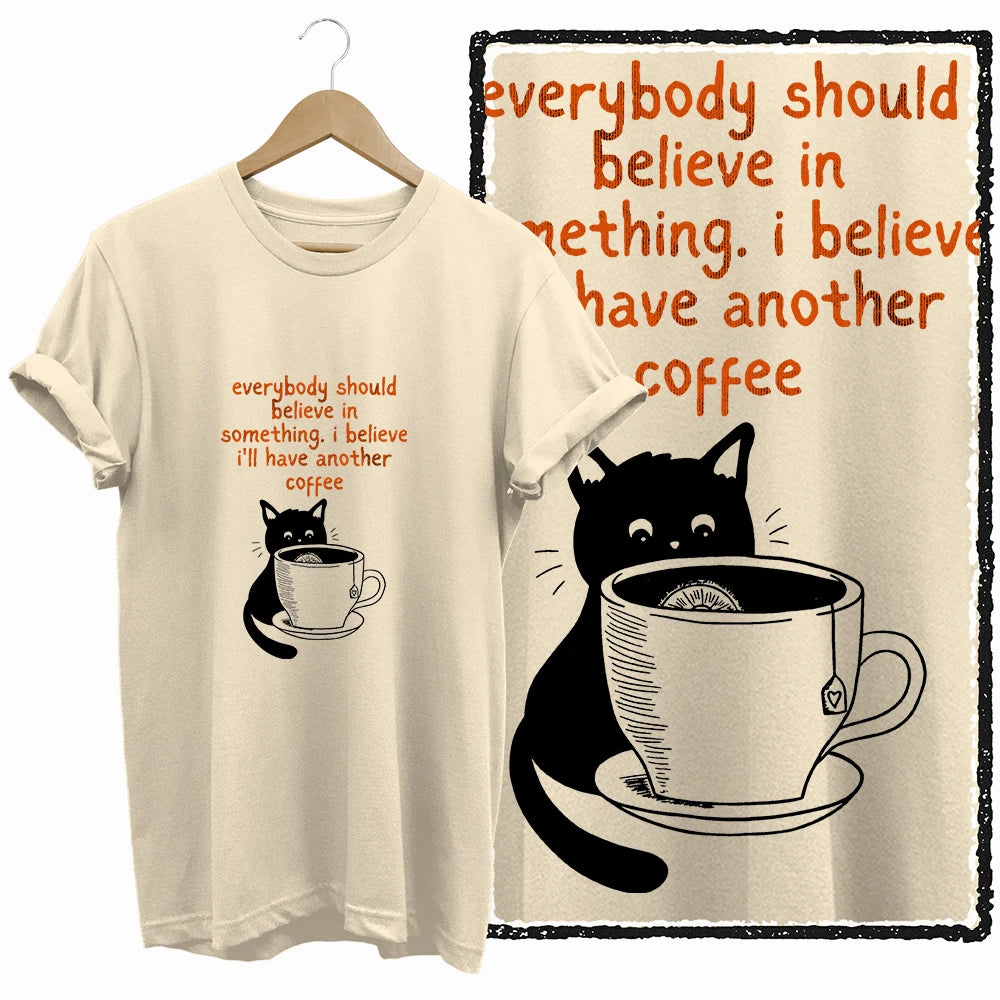 COOLMIND Beige Cat Graphic T-Shirt | Women's Relaxed Fit