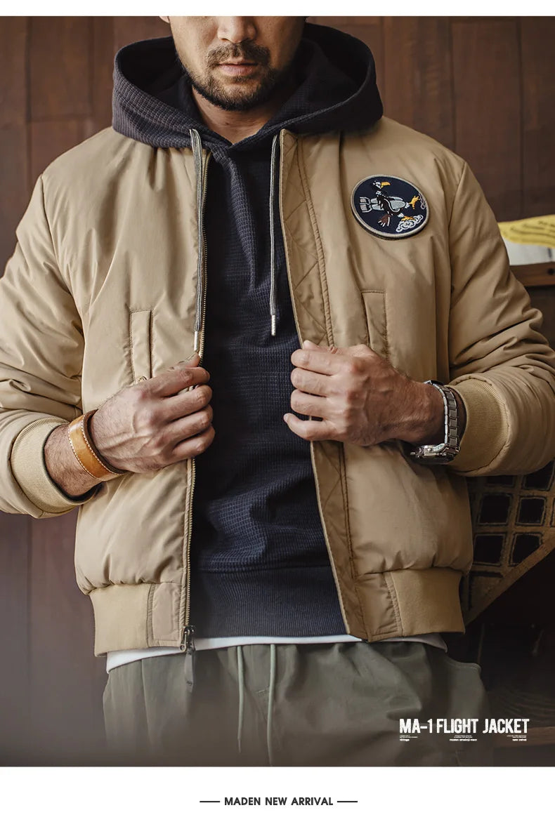 Maden Reversible MA-1 Flight Jackets for Men Baseball Collar Small Square Texture Fall and Winter Thickened Coats Cotton Jacket