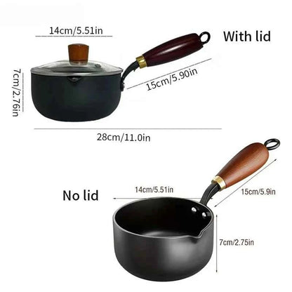 Milk Pot with Wooden Handle, Induction Compatible Small Saucepan for Boiling Milk, Soup & Noodles, With Lid