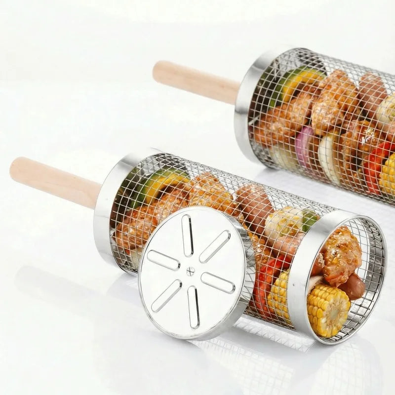 2Pcs Stainless Steel BBQ Grill Set - Heavy Duty Camping Cooking Tool with Wood Handle & Hook