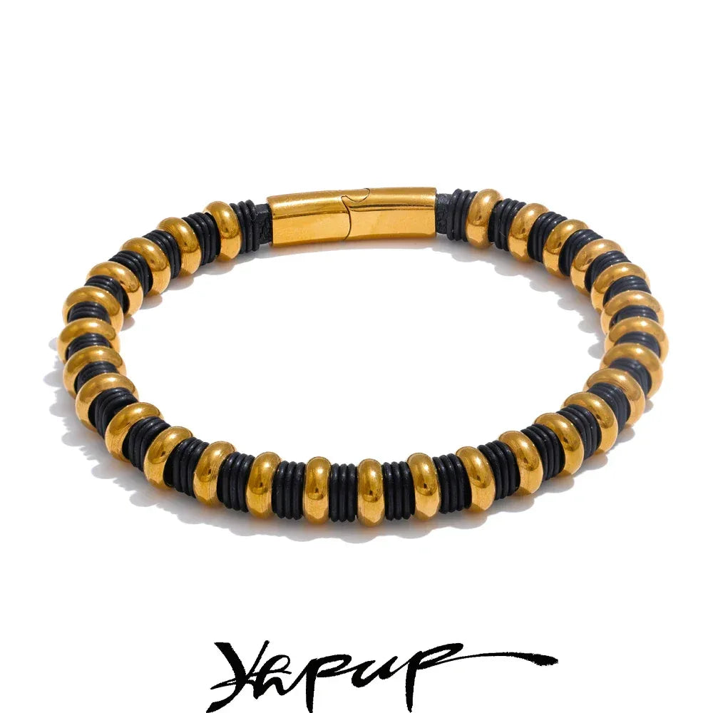 65mm Distinctive Stainless Steel Leather Metal Beads Bracelet Bangle - ShopHub