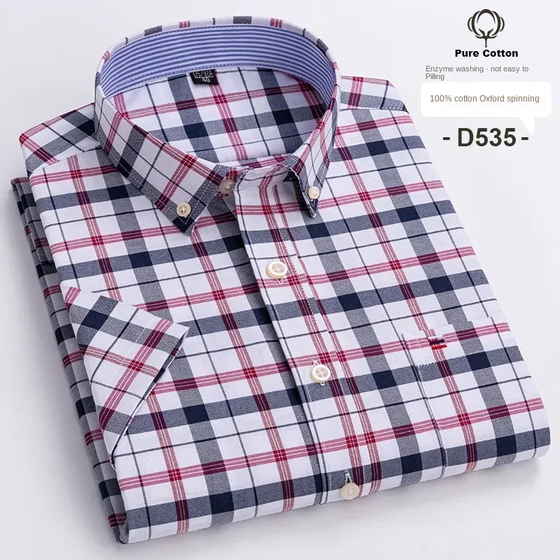 100% Cotton Men's Breathable Cotton Plaid Shirt - Short Sleeve Oxford Summer Striped Regular Fit Oversized Clothing