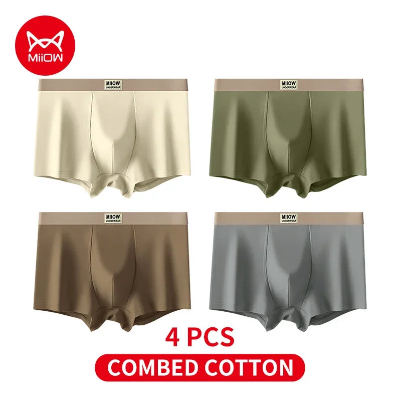 MiiOW 4Pcs Cotton Men's Underwear Soft Antibacterial U-shaped Crotch Breathable Boxer Briefs