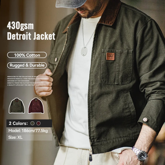 Maden Retro Heavyweight Canvas Detroit Jacket Corduroy Collar Hunting Short Zip-Up Jacket with Pockets Men's Autumn Outerwear