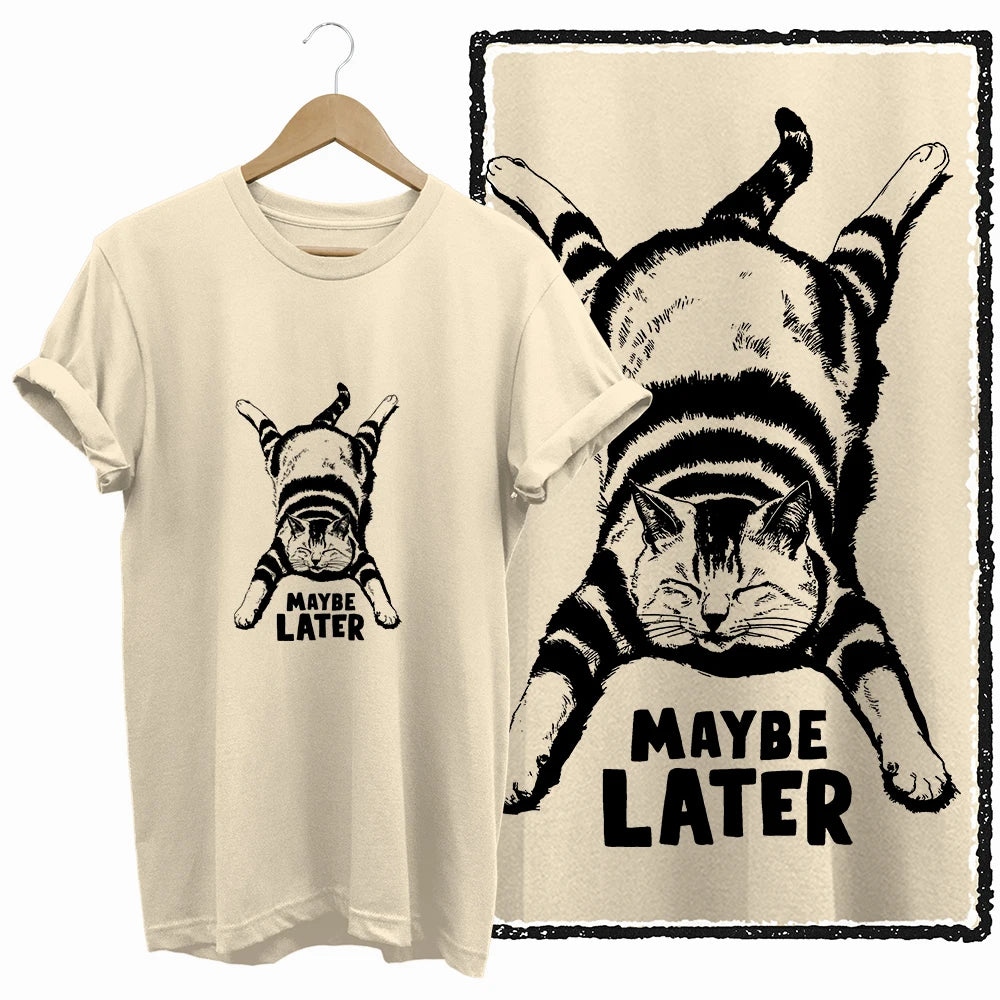 COOLMIND 100% Cotton Beige Cat Print Exclusive Graphic Women T Shirt Big Size Loose Cotton Cat Lover Women T Shirt Lovely Cat Te