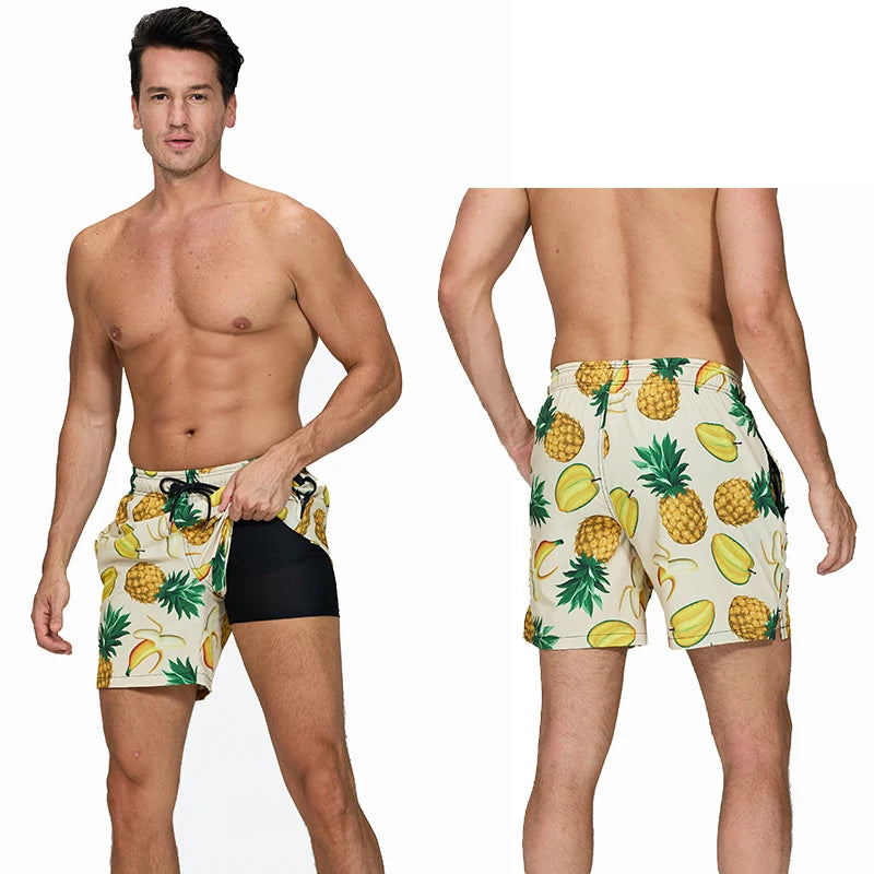 ShopHub NZ men's boardshorts with side zipper pockets, polyester fabric, long liner, suitable for beach and gym activities.
