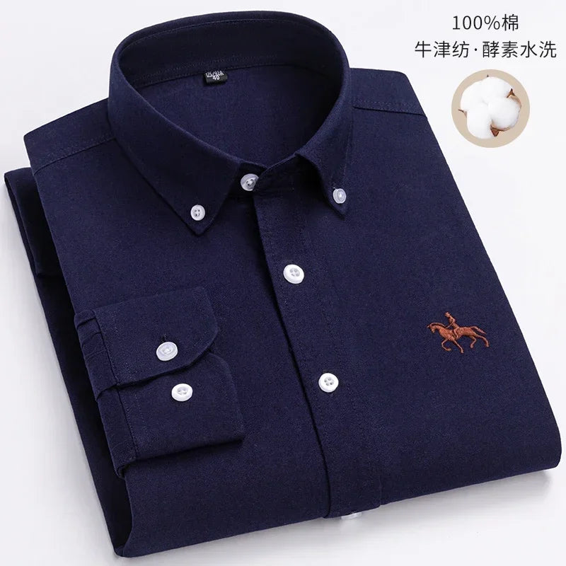 Pure Cotton Oxford Embroidered Horse Shirt for Men - Oversized Floral Long Sleeve Casual Streetwear Plus Size