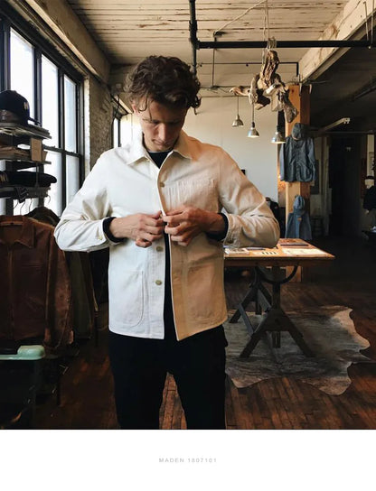 Maden Workwear French Vintage Square Neck White Denim Jacket Large Pocket Raglan Men's Top Early Autumn Coat