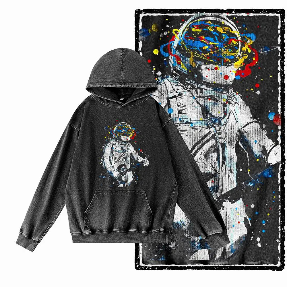 Orbit Runner Astronaut Acid-Washed Black Hoodie
