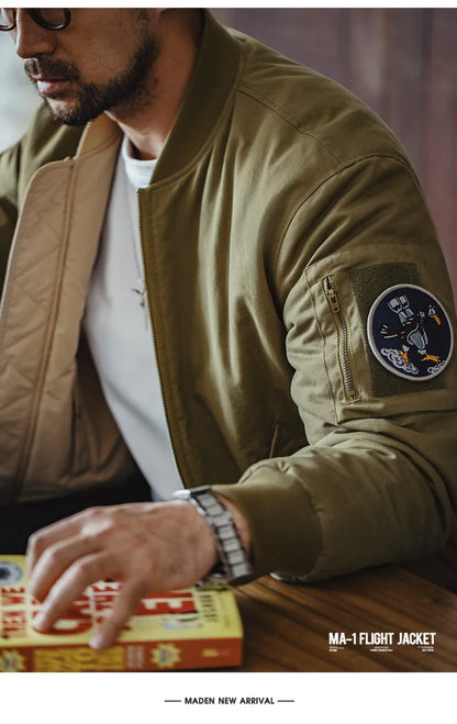 Maden Reversible MA-1 Flight Jackets for Men Baseball Collar Small Square Texture Fall and Winter Thickened Coats Cotton Jacket