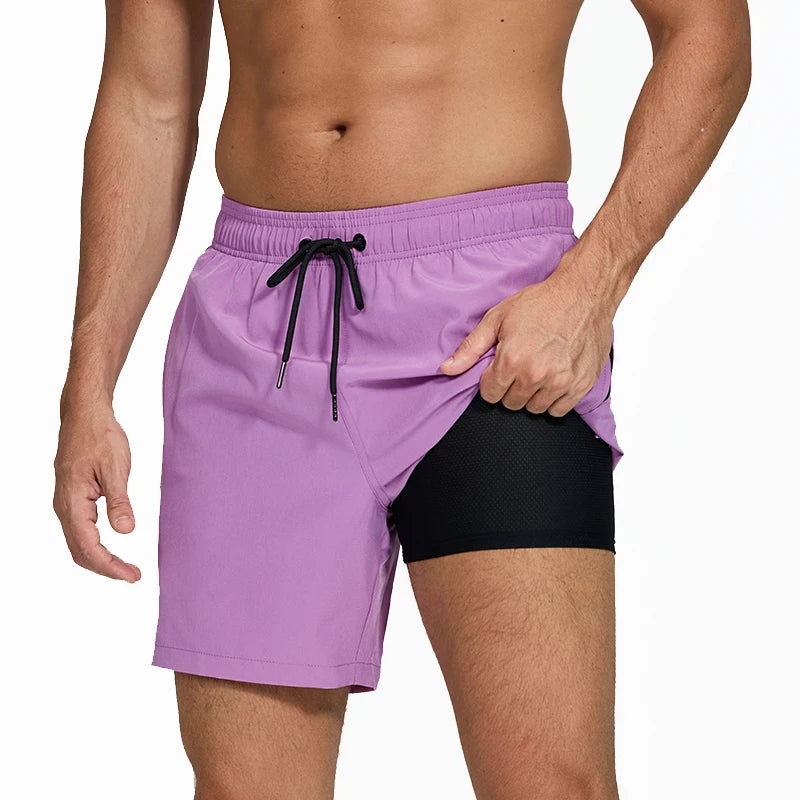 Men's summer boardshorts by ShopHub NZ with elastic waist, side zipper pockets, polyester spandex fabric, ideal for gym, beach, swim.