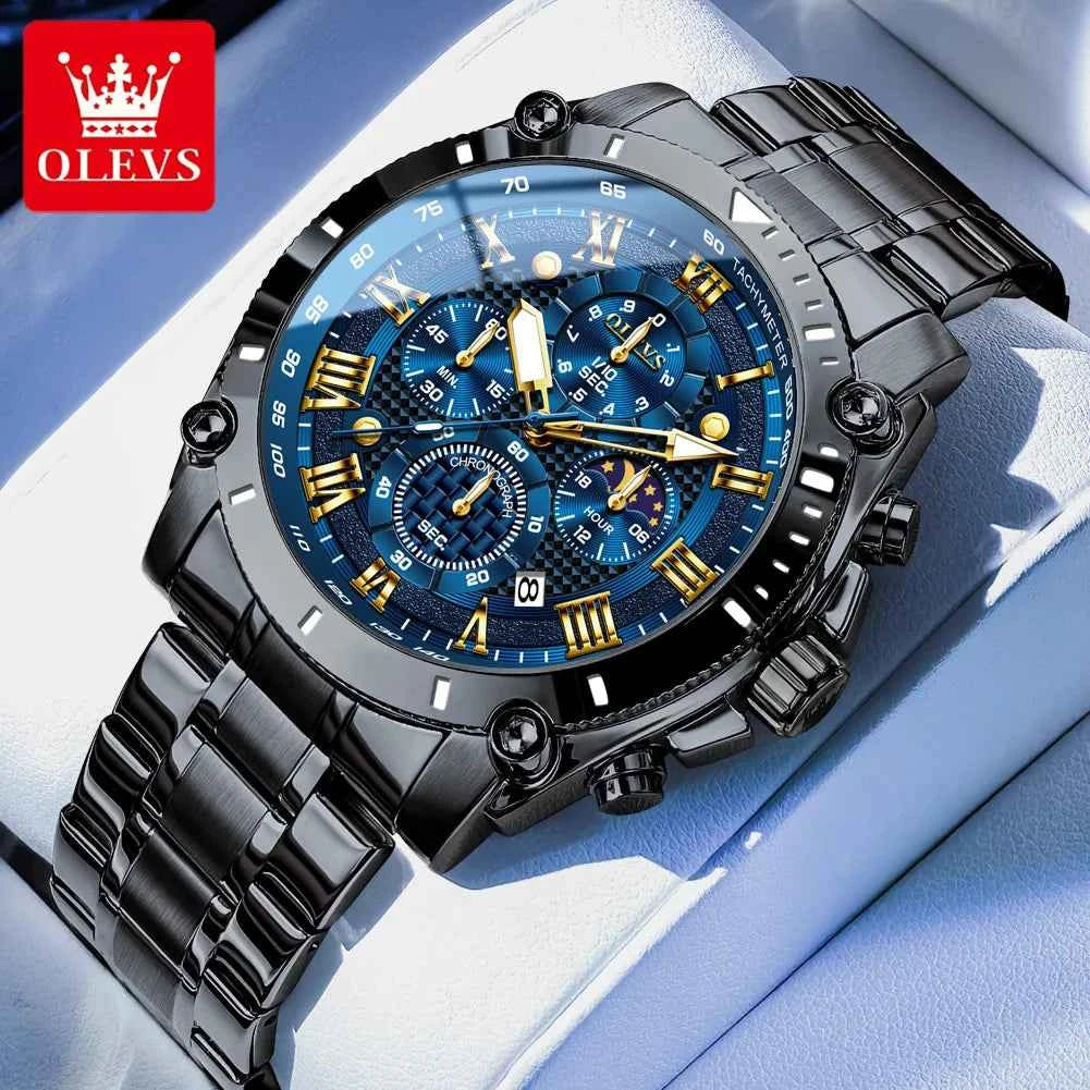 OLEVS 3689 Mens Business Quartz Watch - Waterproof Luminous Stainless Steel Moon Phase Date Sports Watch with Gift Box