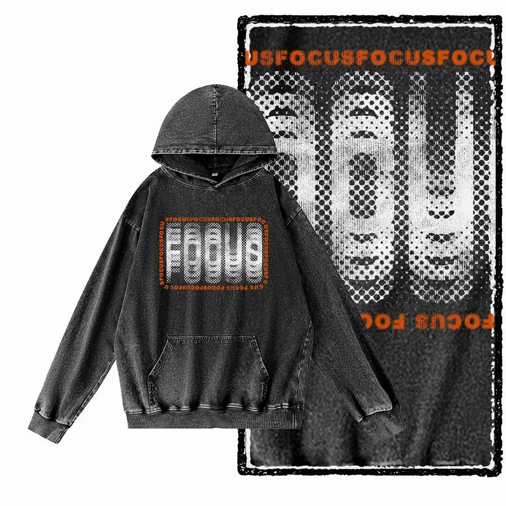 COOLMIND G25 Vintage Print Acid-Washed Black Hoodie