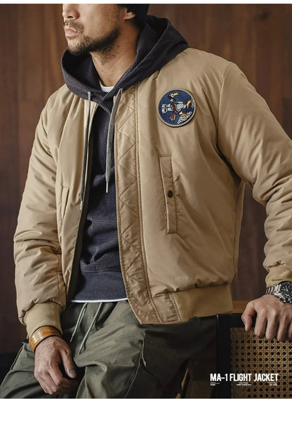 Maden Reversible MA-1 Flight Jackets for Men Baseball Collar Small Square Texture Fall and Winter Thickened Coats Cotton Jacket