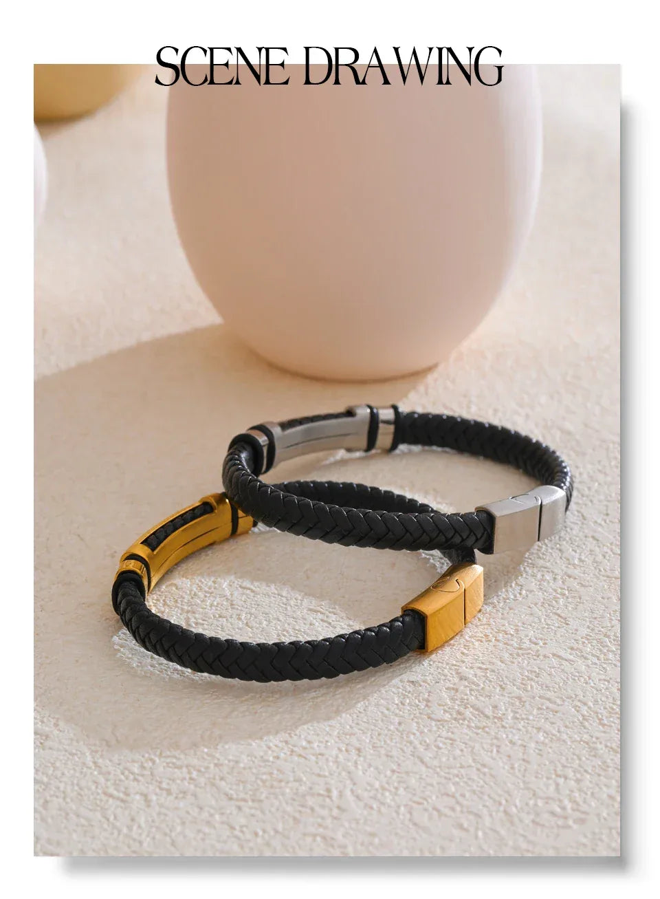 70mm Vintage Stainless Steel Black Leather Braided Handmade Men's Bracelet Bangle - ShopHub