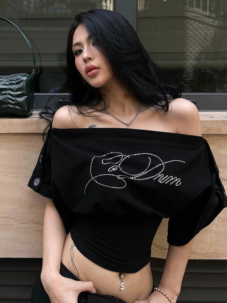 Kliou Rhinestone Decoration T-Shirt