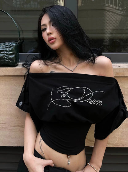 Kliou Rhinestone Decoration T-Shirt