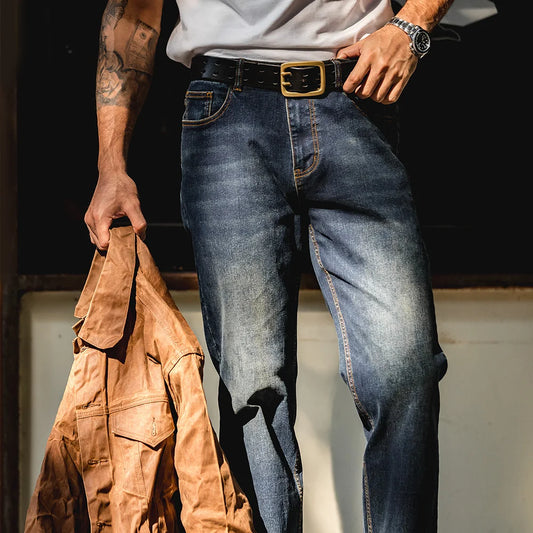 Maden Men's Vintage 11.5oz Denim Washed Straight Jeans