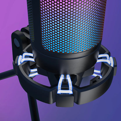 FIFINE USB gaming microphone on a desk, featuring a sleek black design with adjustable stand for streaming and gaming audio.